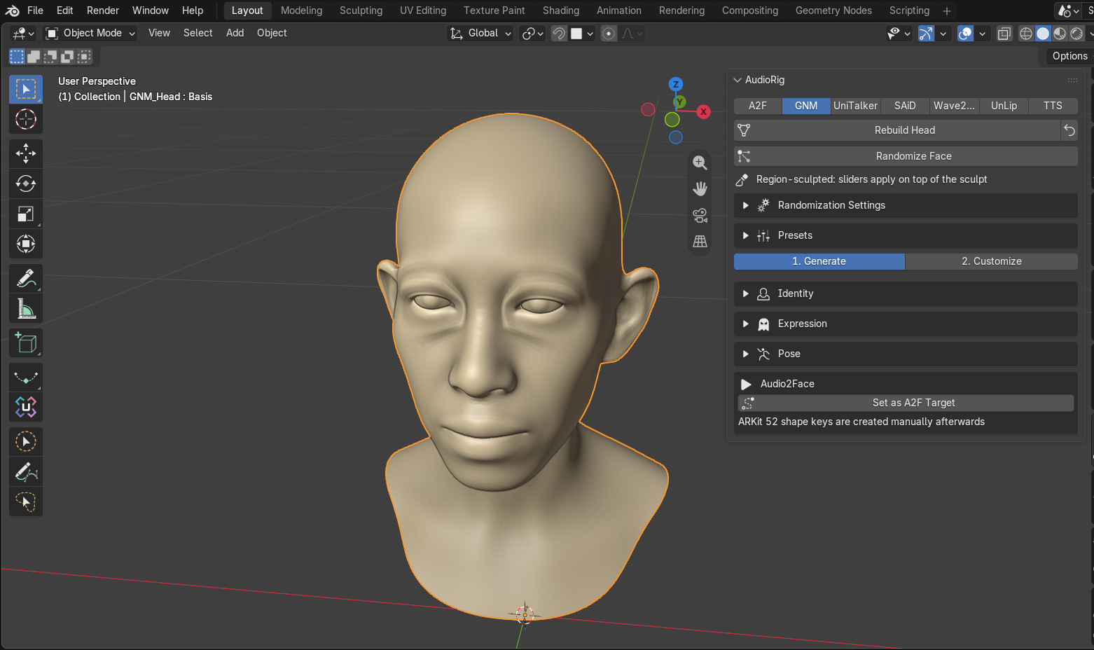 The GNM tab in Blender with the Generate / Customize mode switch
