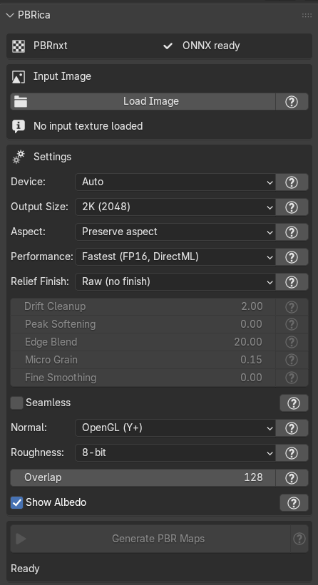PBRica panel in Blender's Image Editor, from input image through settings and generate