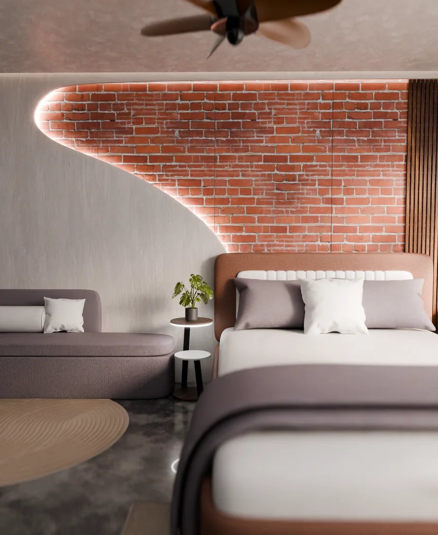 Architectural visualization with a brick feature wall