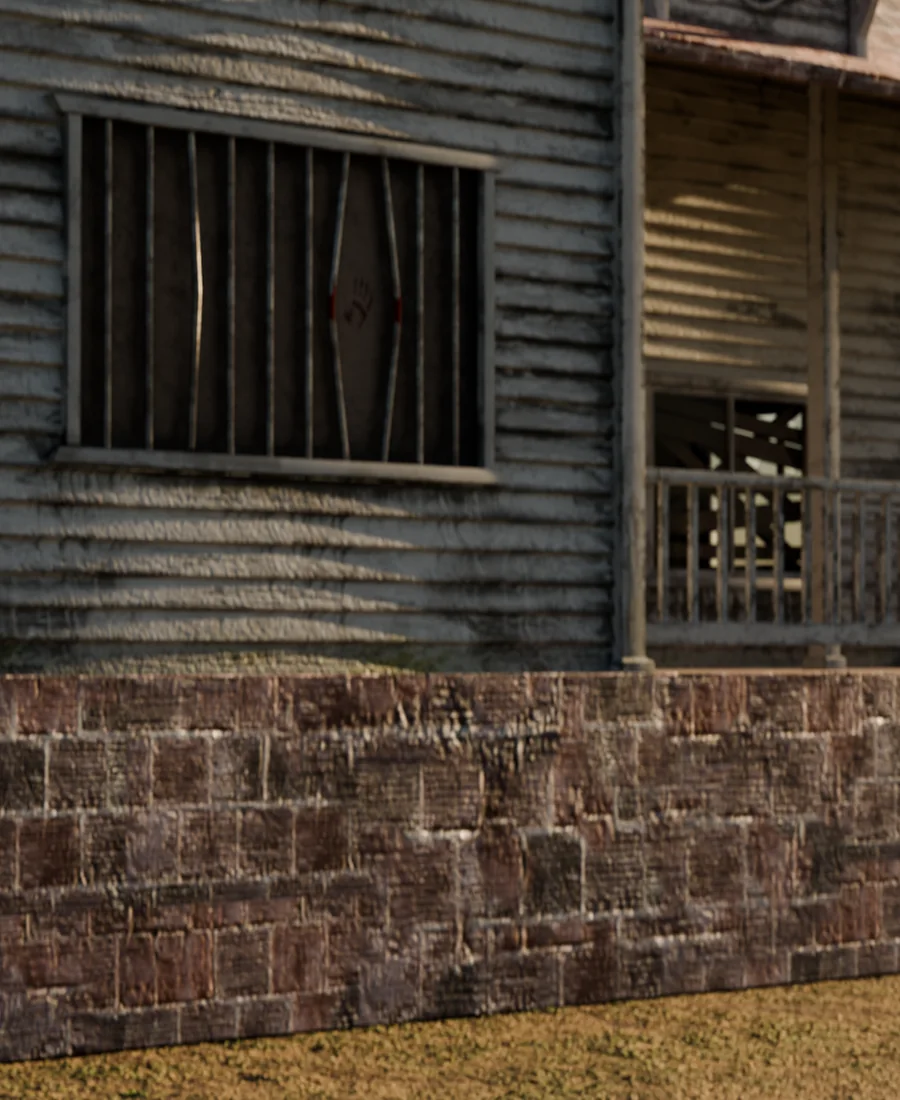 Exterior environment scene with weathered siding and stone