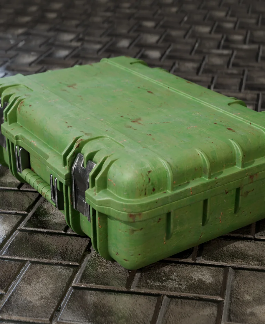 Worn green hard-surface game prop on a tiled floor