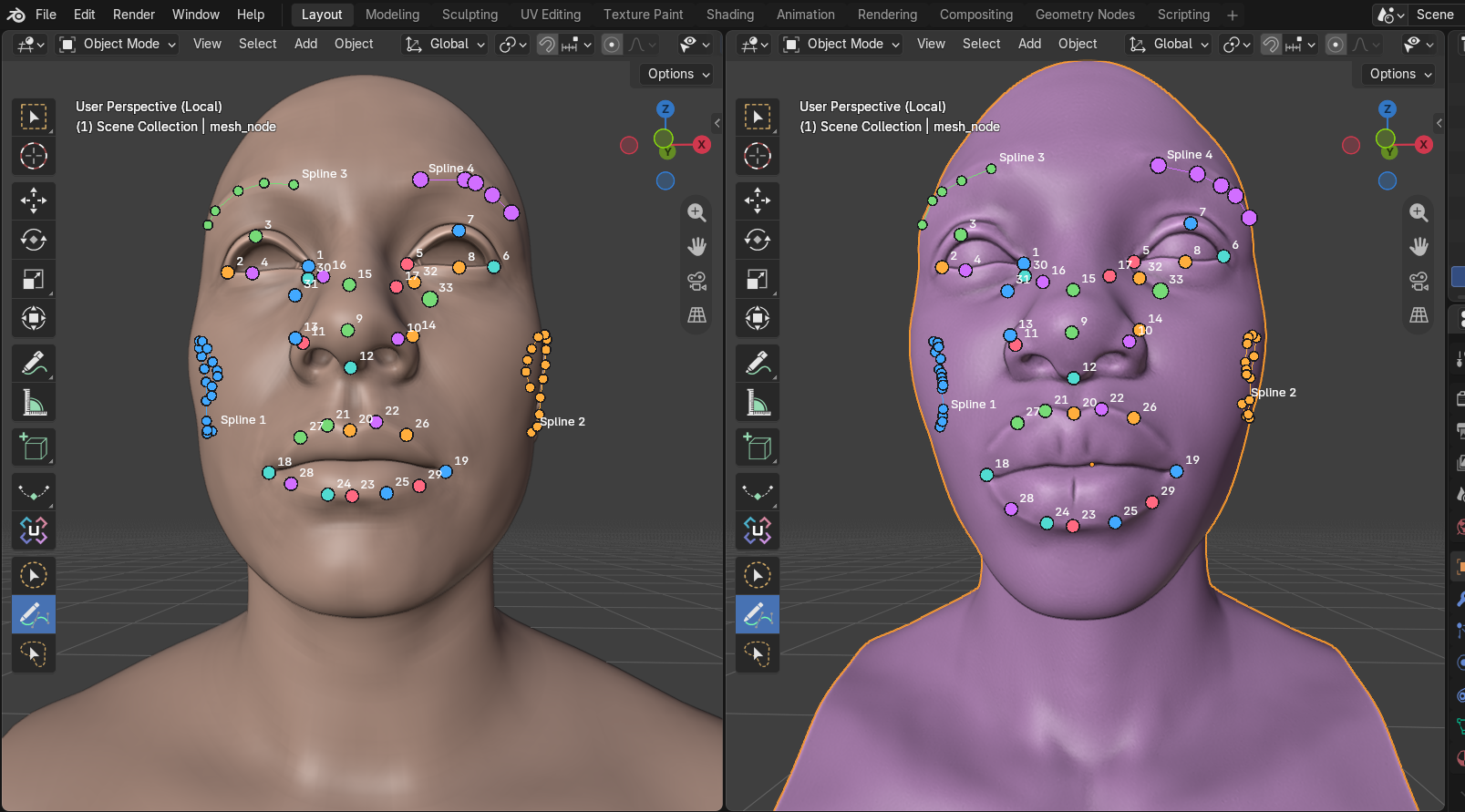 Pair Views — the template on the left viewport and the scan on the right, with numbered pairs and splines