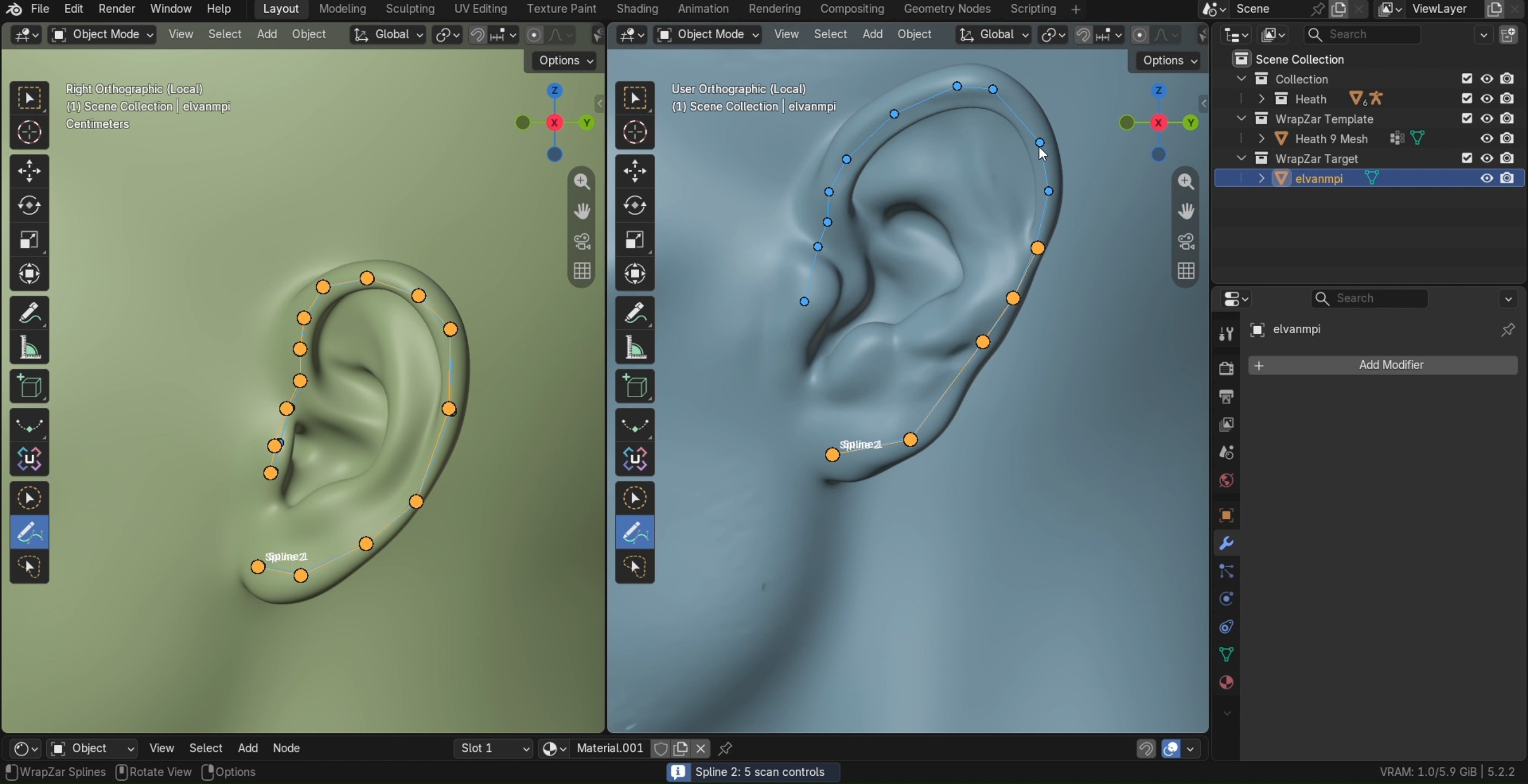 Drawing a spline along an ear — the template on the left, the scan on the right