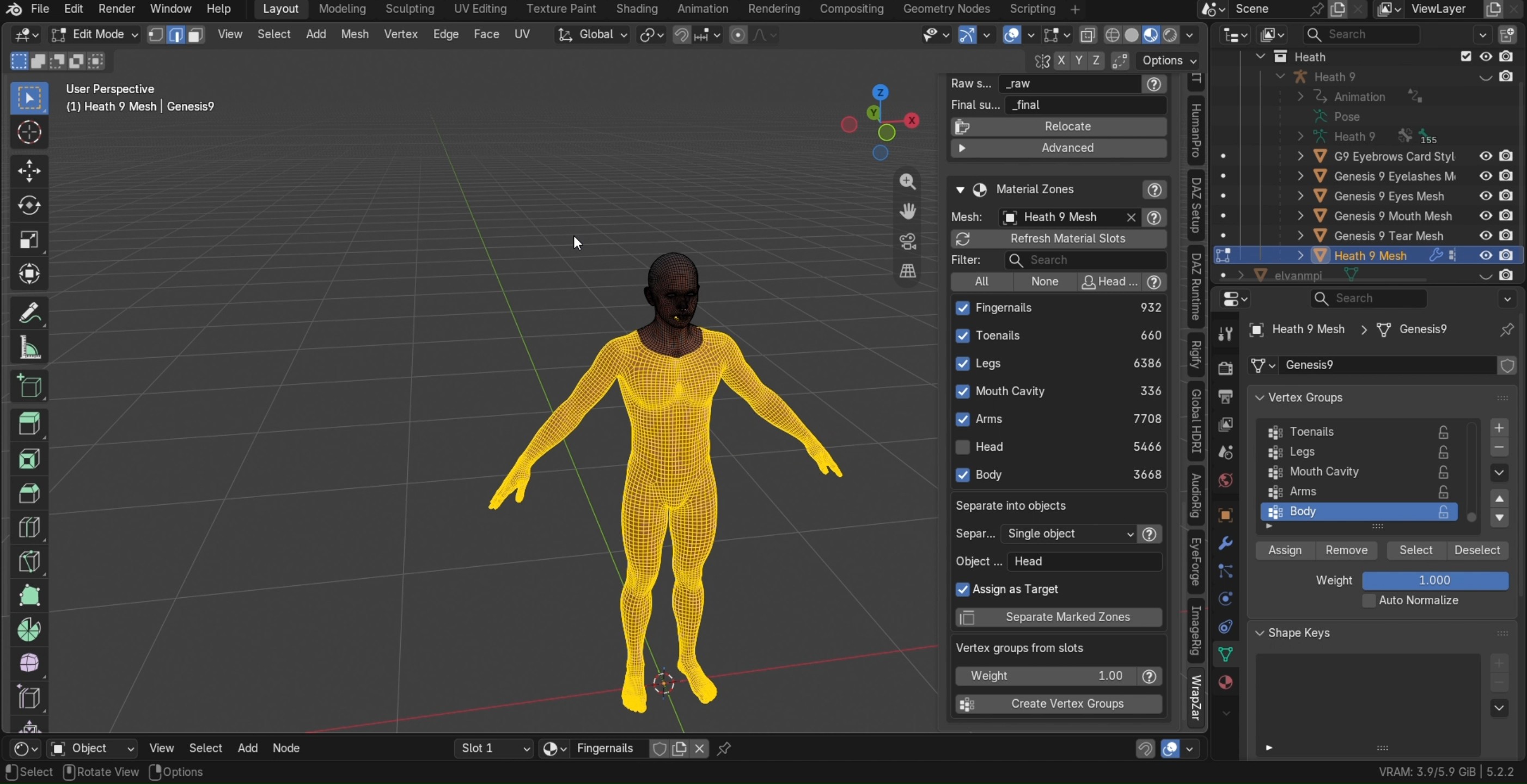 Material Zones listing the slots of an imported Daz figure — Head, Mouth Cavity, Arms, Legs — ready to separate or turn into vertex groups